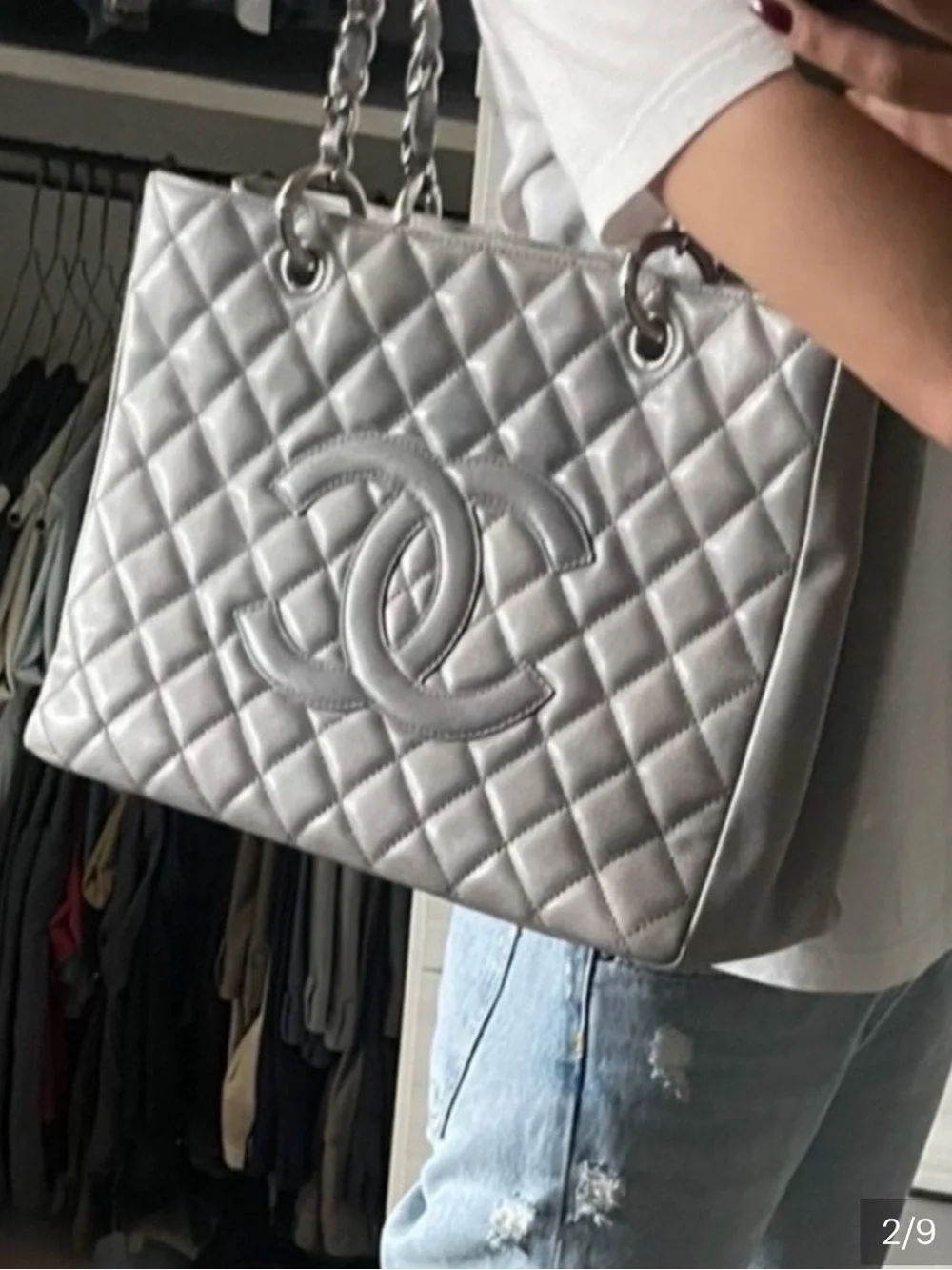 CHANEL Quilted Grand Shopping Tote in Silver Gray